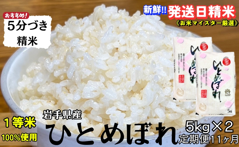 ★スーパーで買えない栄養と美味しさ★『定期便11ヵ月』ひとめぼれ【5分づき精米】5kg×2 令和6年産 盛岡市産 ◆当日精米発送・1等米のみを使用したお米マイスター監修の米◆