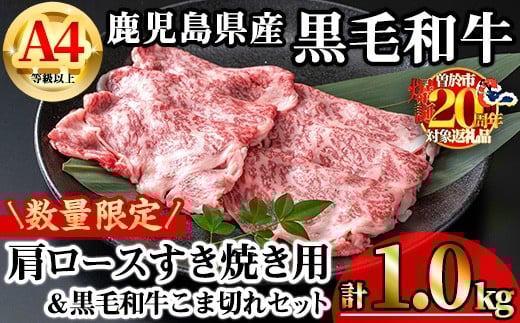 
            【数量限定】鹿児島県産黒毛和牛A4等級以上肩ロースすき焼き用 (計1.0kg＋黒毛和牛こま切れ250g×2P) 鹿児島県産 牛肉 冷凍 【KNOT】 B199-v01
          