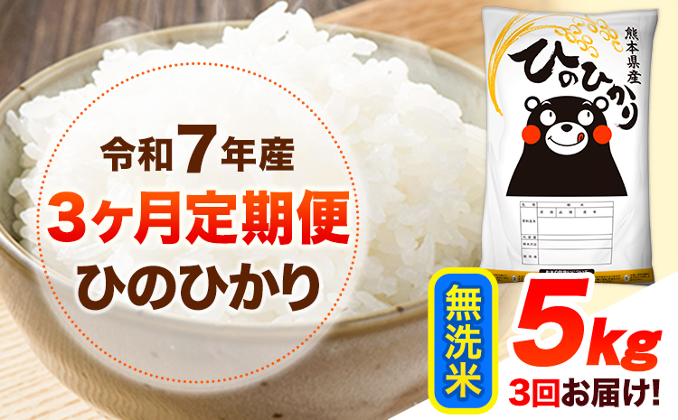令和7年産【3ヶ月定期便】 無洗米 ひのひかり 5kg 《お申込み翌月から出荷》 熊本県産 無洗米 精米 ひの 送料無料 熊本県 山江村 SDGs 米 コメ こめ 国産