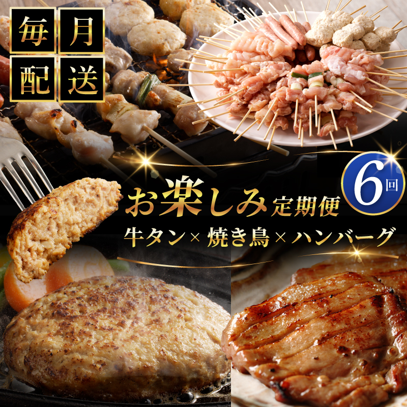 桜文 お楽しみ 定期便 全6回（牛タン／焼鳥／黒毛和牛入り BIGハンバーグ）【毎月配送コース 個包装 人気 はんばーぐ 焼き鳥 牛たん 小分け 惣菜 冷凍 数量限定】 G1721