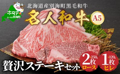 贅沢ステーキセット 計 620g 北海道 別海町産 黒毛和牛「 名人和牛」 A5クラス TB0000005