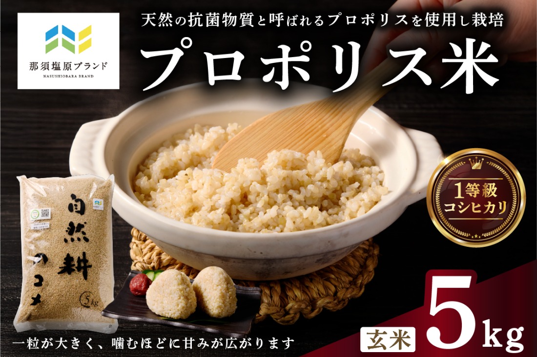 ns063-001 【那須塩原ブランド認定品】プロポリス米(1等級コシヒカリ 玄米5kg)  【令和6年度産米】