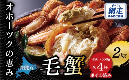 【網走産】オホーツクの恵み 毛蟹 約2kg（450?550g × 4杯）｜ボイル済み 冷凍 毛ガニ 北海道【ふるさと納税 人気 おすすめ ランキング 毛蟹 毛ガニ 毛がに かに カニ 蟹 ボイル ボイル済み 冷凍 北海道 網走 網走産 オホーツク オホーツク海 オホーツク海産 海鮮 魚介 魚介類 カニ 海の幸 1杯 1尾 お取り寄せ グルメ ごちそう お祝い 贈答 ギフト 送料無料】ABBI016