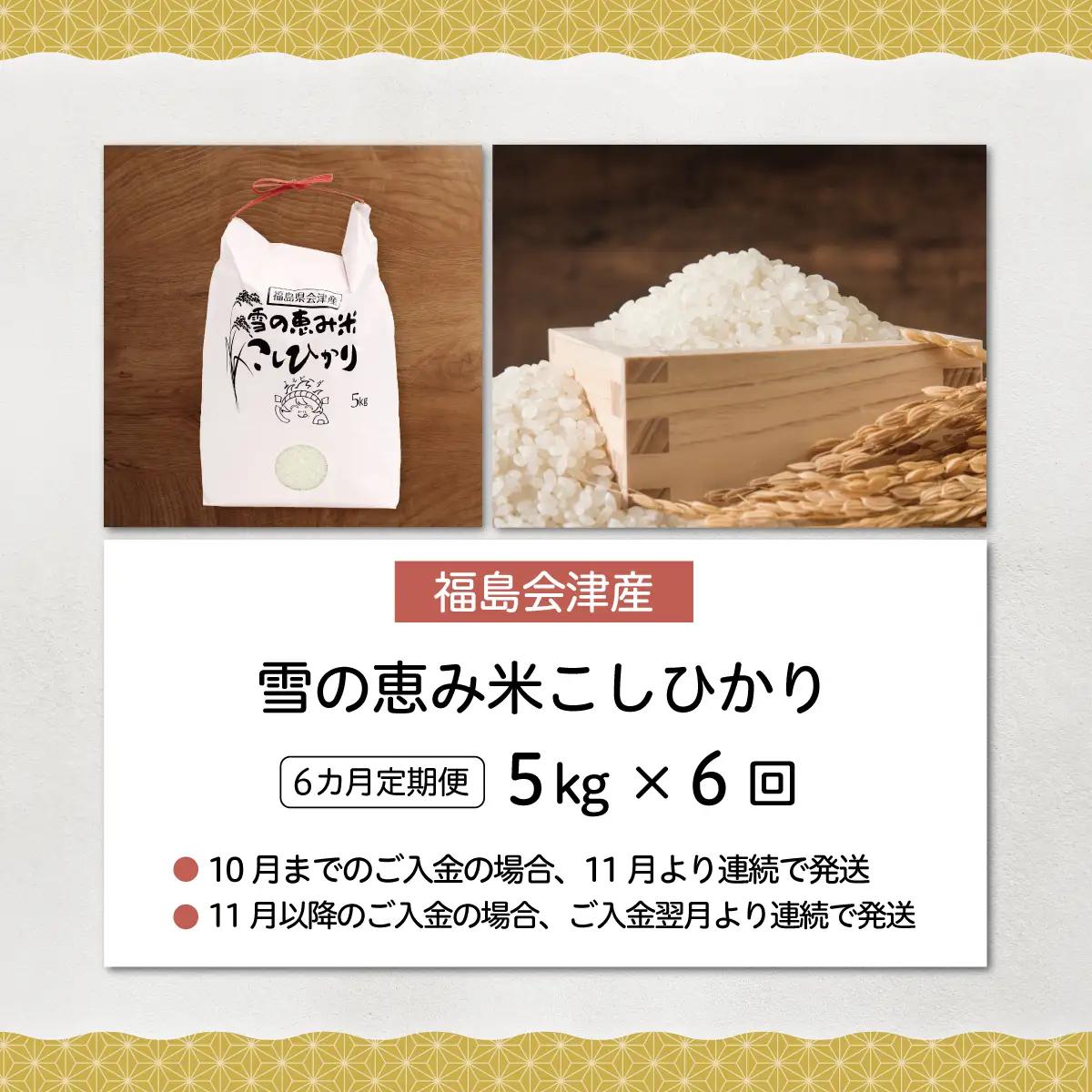【10月中旬以降発送/令和8年産 新米】【6カ月定期便】【福島会津産】雪の恵み米こしひかり5kg×6回 KBAJ003