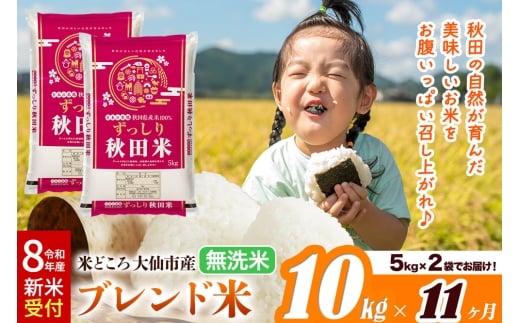 《令和8年産 新米受付》《定期便11ヶ月》米どころ 秋田県大仙市産 ブレンド米【無洗米】10kg（5kg×2袋）