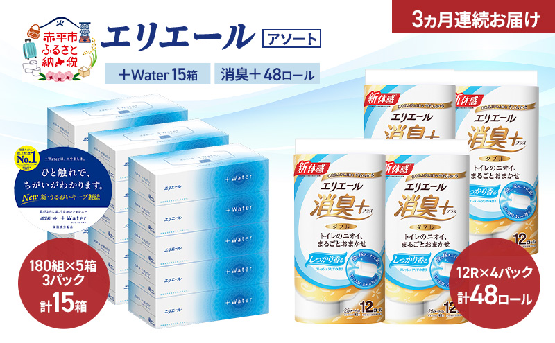 【定期便 3ヵ月連続お届け】エリエール 〈アソート〉 ＋Water 15箱 消臭＋ 48ロール トイレットペーパー ティッシュ トイレ ボックスティッシュ まとめ買い ペーパー 紙 防災 常備品 備蓄品 消耗品 備蓄 日用品