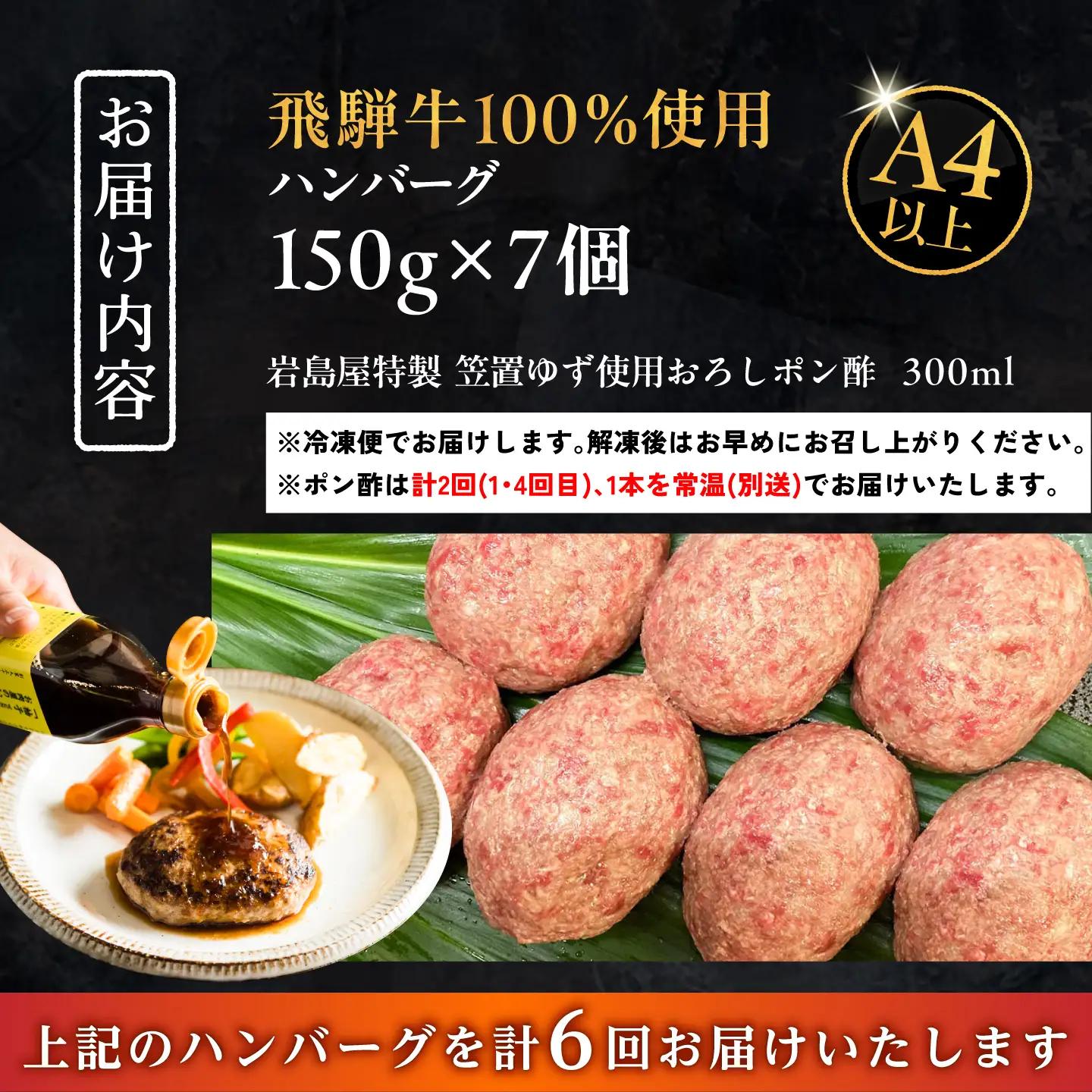【6回定期便】 飛騨牛100% ハンバーグ7個 A5,A4ランク 特製笠置ゆず使用おろしポン酢付 / 恵那市 / 岩島屋 [AUAJ043]