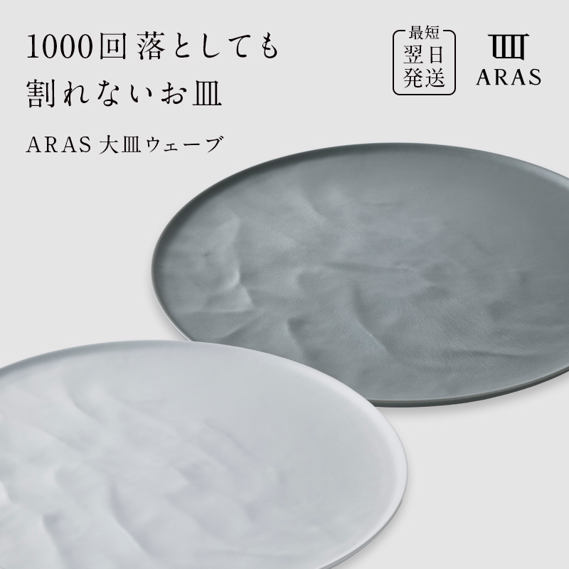 ARAS 大皿ウェーブ 2枚セット【カラー：ホワイト&グリーングレー】27cm 大皿 プレート 割れない 保証付き ARAS エイラス 色が選べる 皿 食器 うつわ 贈り物 ギフト 3万円 30000円 F6P-2591