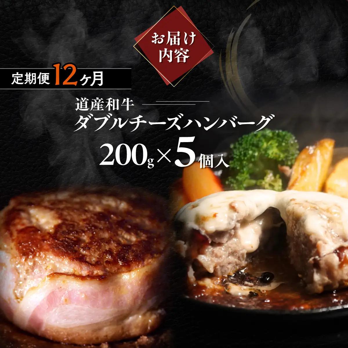 【12ヶ月定期便】北海道 道産和牛ダブルチーズハンバーグ（200g）5個入り MROA187