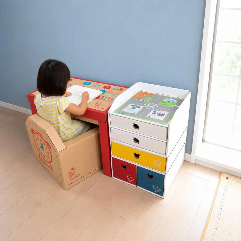 子供用ダンボール家具　ジュニアデスクチェア＆お片づけボックス＆１個・２個引き出しセット◇≪ダンボール 段ボール 収納 家具 段ボール家具 ダンボール家具 軽い 子供用 子供 キッズ おしゃれ デスク 