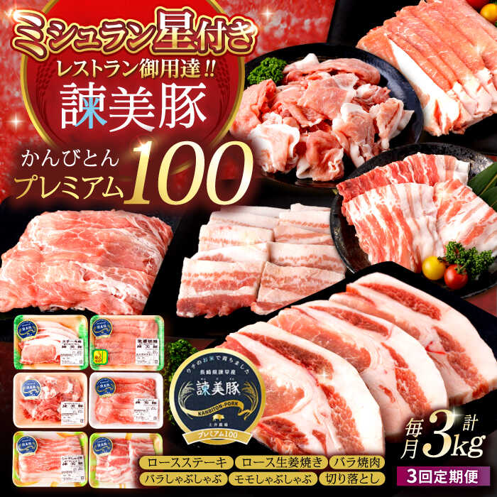 【ふるさと納税】【3回定期便】＜特Aの米で育てた＞諫美豚プレミアム100おすすめセット 計3kg（ ロースステーキ ロース バラ モモ 切り落とし ） / 豚肉 ステーキ 豚ロース 豚バラ 焼肉 小分け / 諫早 / 土井農場[AHAD024]