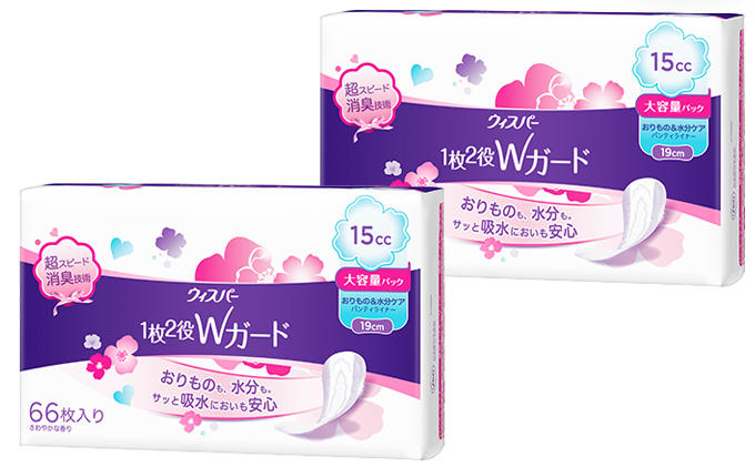 
ウィスパー 1枚2役Wガード おりもの＆水分ケア パンティライナー（15cc：66枚）2パック
