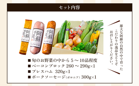 【季節のお野菜と金賞受賞ひばり工房3大人気セット】お野菜セット 熊本県産 旬の野菜と果物 4～6品 野菜 お野菜 本場ドイツ食肉コンテストsuffa 金賞受賞 ベーコンブロック プレスハム ポークソー