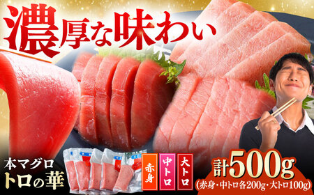 対馬産 本マグロ 500g（赤身200g、中トロ200g、大トロ100g） トロの華 対馬 新鮮 マグロ 大トロ 鮪 刺身 [WAQ055]