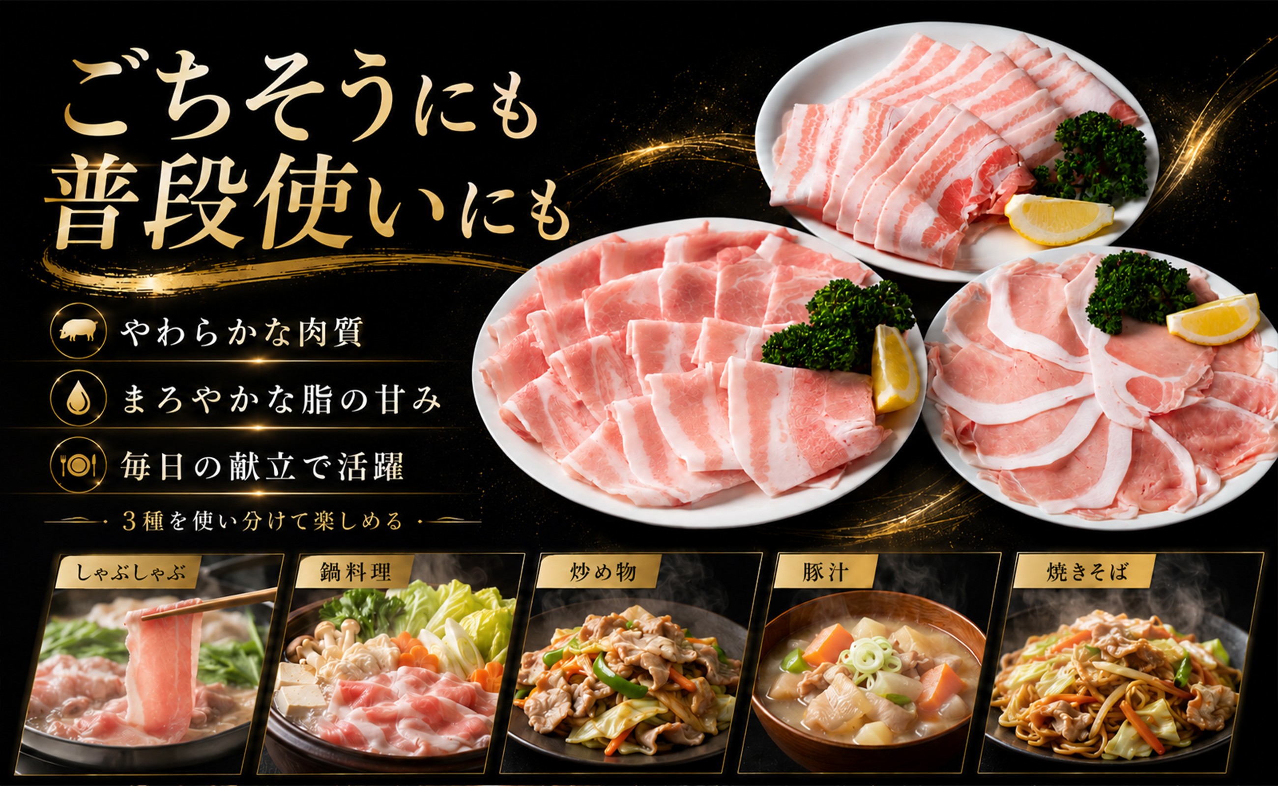 やわらかな肉質とまろやかな脂の甘み。しゃぶしゃぶや炒め物など幅広い料理に活躍します。