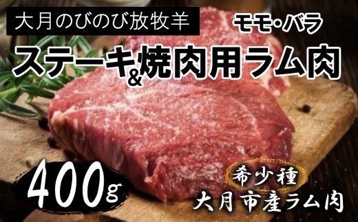 
                  大月のびのび放牧羊【ステーキ＆焼肉用ラム肉】400g(モモ200g バラ200g)
                