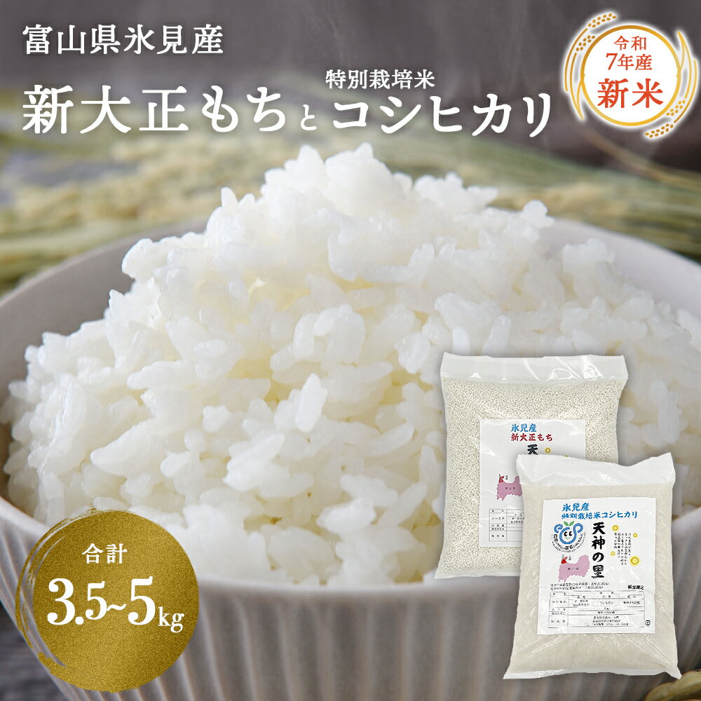 【ふるさと納税】富山県氷見産 新大正もち ( 1.5kg か 3kg )と特別栽培米コシヒカリ天神の里 (2kg) のセット＜2025年10月中旬以降順次発送＞ | お米 白米 精米 氷見 富山 米 国産 数量限定 こしひかり 人気 減農薬 減化学肥料 農家直送 餅 米 もち米 おこわ 新大正糯 希少