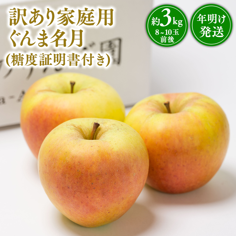 年明け発送 【訳あり】家庭用ぐんま名月約3㎏（糖度証明書付き） 【那由多のりんご園・平川市産】