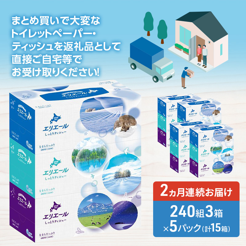 定期便 2ヵ月連続お届け エリエール ハーフサイズ 収納に便利 コンパクト 【少量5パック】 北海道 しっとりティシュー なまらたっぷり 240組3箱 5パック 計15箱 ボックスティシュー ふるさと