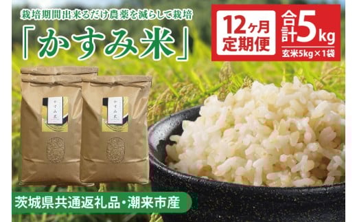 ★先行予約 令和8年産 新米★【定期便 12ヶ月】栽培期間出来るだけ農薬を減らして作る「 かすみ米（コシヒカリ）玄米 5kg 」【茨城県共通返礼品・潮来市産】減農薬 こしひかり おいしい おこめ 安心 安全 健康 玄米（KBE-68）