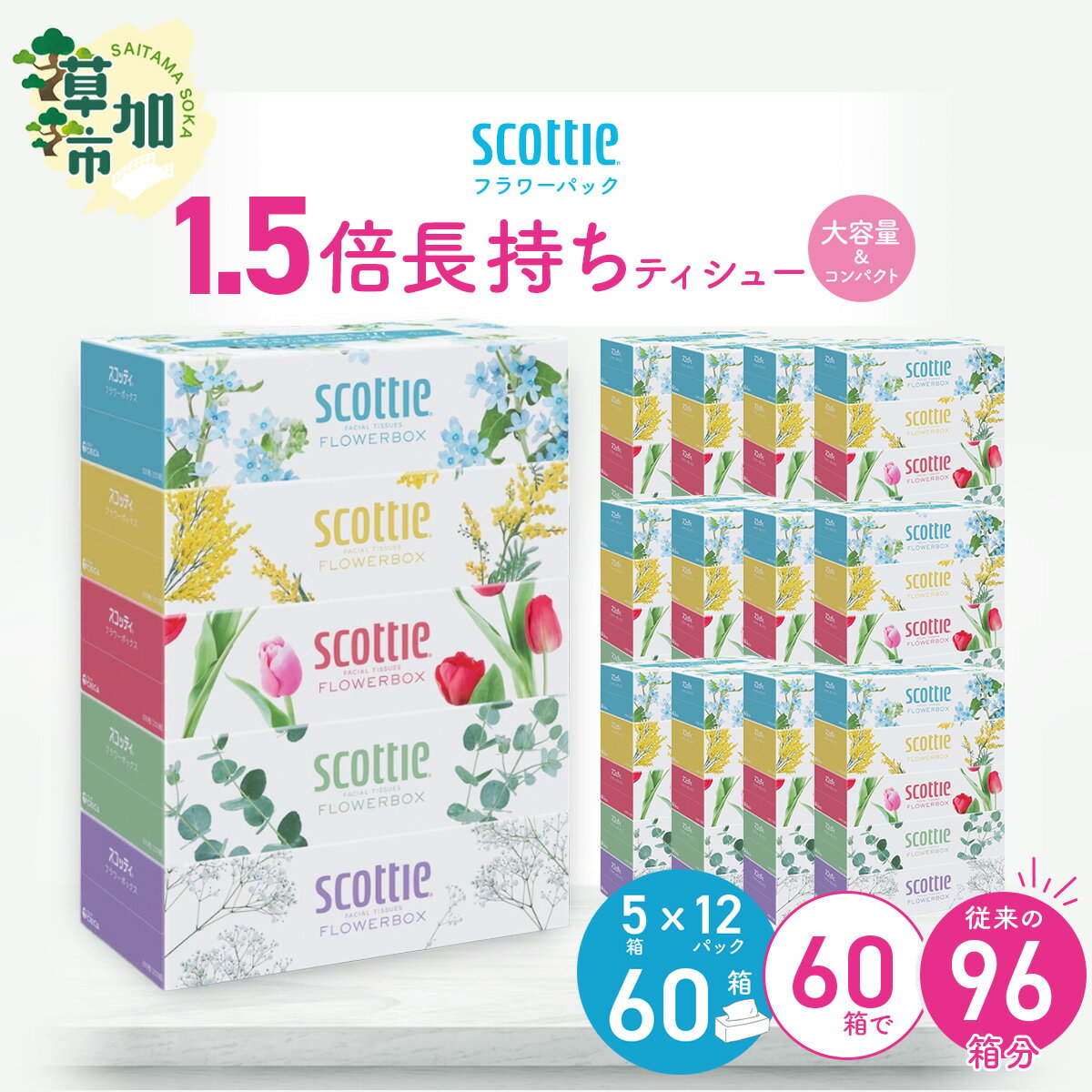 【ふるさと納税】スコッティ フラワーボックス 1.5倍長持ちティシュー 250組×5箱パック×12P | 日用品 ふるさと納税 ティッシュ ティッシュペーパー ふるさと納税 ティッシュ 箱 日用品 必需品 大容量 リピート 高品質 クオリティ かわいい 素敵 保管 消耗品 埼玉県 草加市