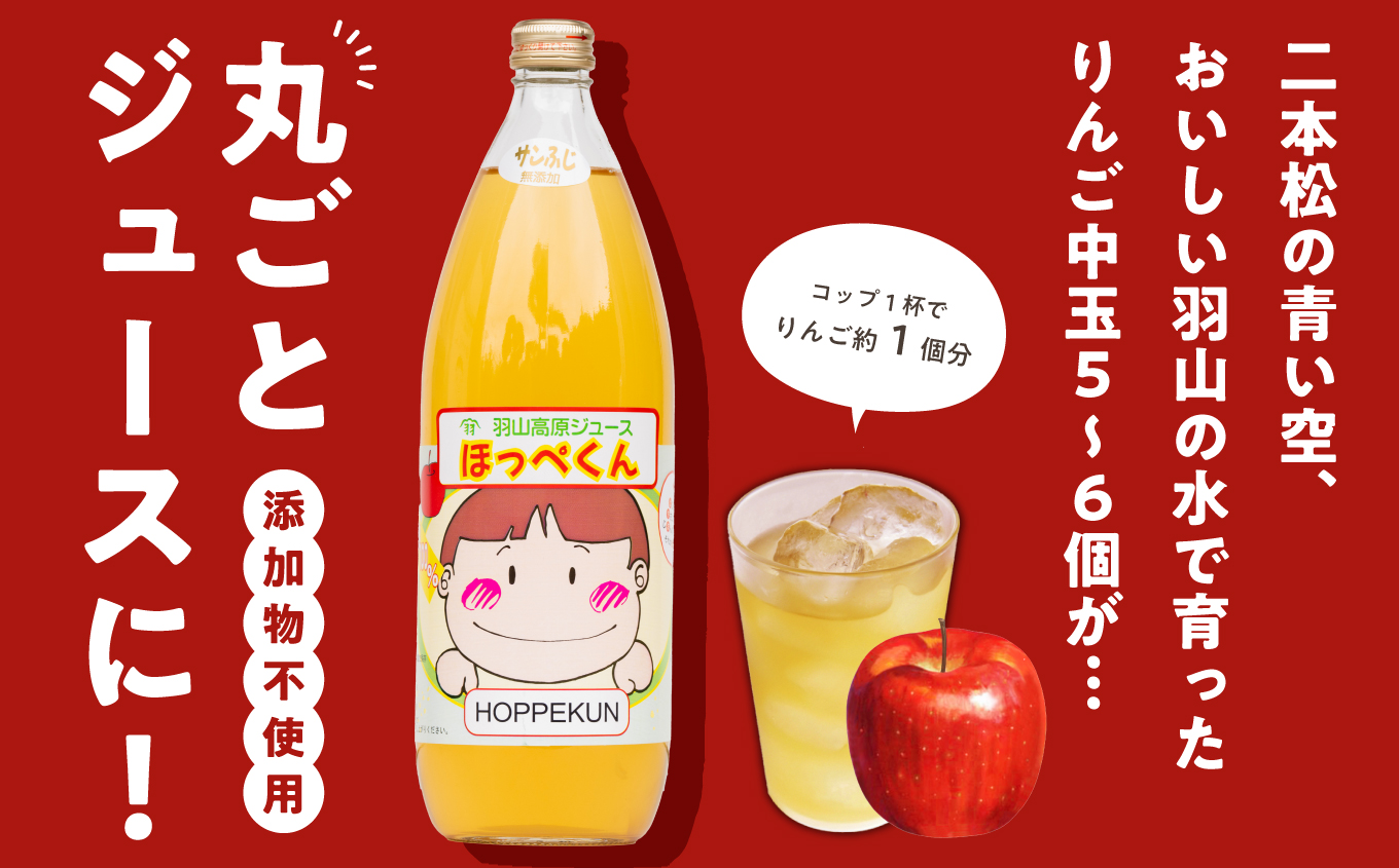 羽山のりんご ほっぺくん 大瓶（1L）2本入り りんごジュース 果汁100％ 国産 ストレート アップル 無添加 リンゴジュース おすすめ お中元 お歳暮 ギフト 二本松市 ふくしま 福島県 送料無料