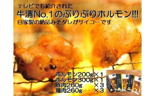 1516　自家製 みそダレ Mセット 牛 ホルモン 200g 300ｇ×各１ 豚肉 ×３ 鶏肉 ×３/ 黒毛和牛ホルモン 牛清 バーベキュー BBQ 牛肉 ぶた肉 とり肉 特製 味噌漬 味付 伊勢志摩