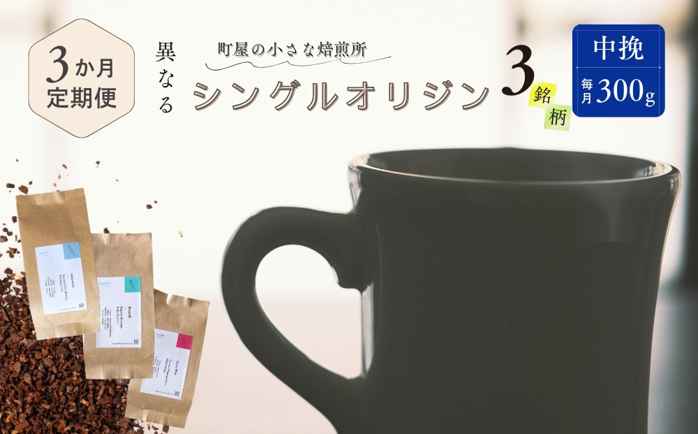 【定期便：3ヶ月連続でお届け】シングルオリジンコーヒー 100g × 3品種（中挽き）計300g×3ヶ月 1075022