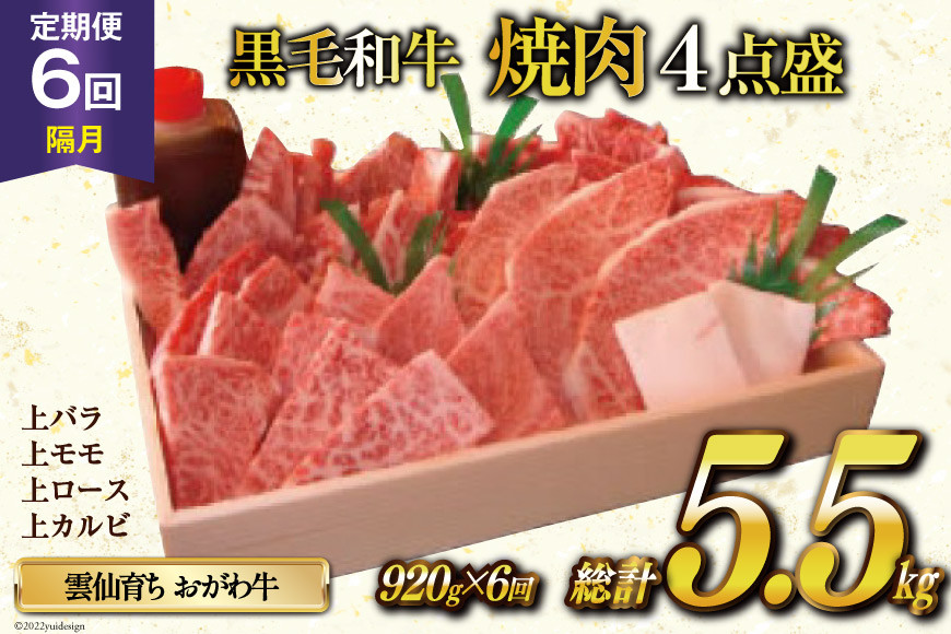 
定期便 6回 牛肉 雲仙育ち おがわ牛 焼肉4点盛 総計約5.5kg(920g×6回) 黒毛和牛 上バラ 上モモ 上ロース 上カルビ 冷凍 / 焼肉おがわ / 長崎県 雲仙市
