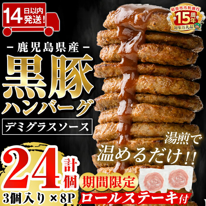 【ふるさと納税】＜期間限定ロールステーキ2個付き＞鹿児島県産黒豚ハンバーグ 計24個 (210g(3個入)×8P) ハンバーグ デミグラスソース デミソース 国産 肉 豚 豚肉 かごしま黒豚さつま お弁当 惣菜 総菜 冷凍ハンバーグ 温めるだけ 湯煎 簡単 小分け【AKR Food Company】