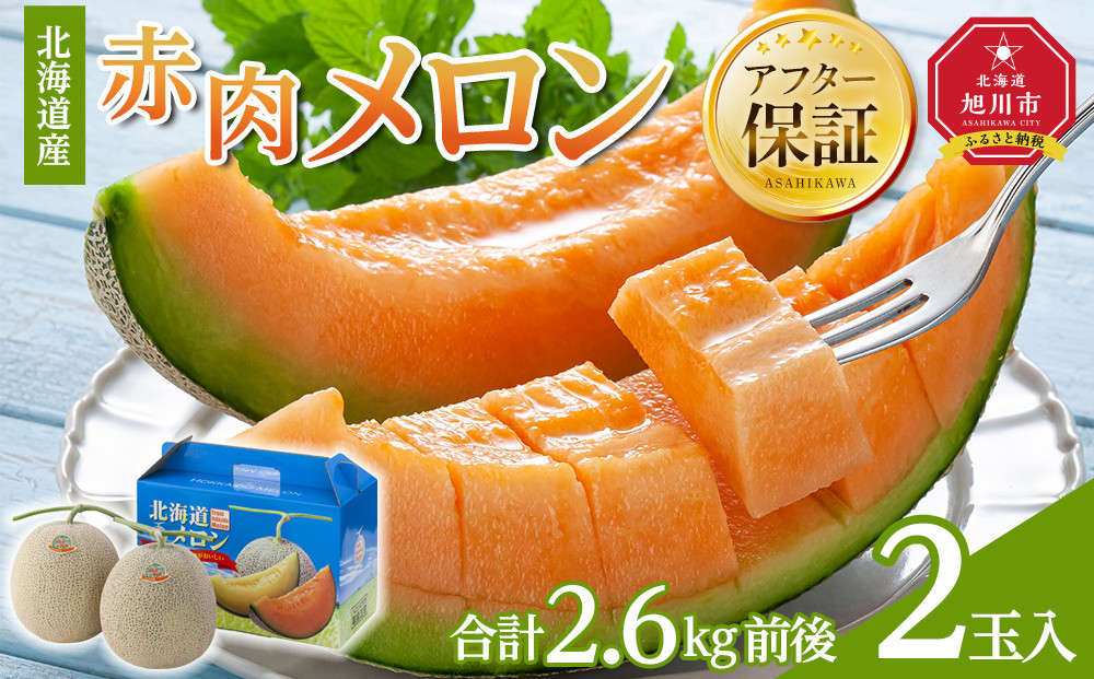 【26年発送先行予約】北海道産赤肉メロン　2玉入り　合計2.6kg前後（2026年7月中旬から発送開始予定）【 果物 くだもの フルーツ メロン 赤肉 赤肉メロン 旬 お取り寄せ 甘い 北海道産 旭川市 北海道 】_01586