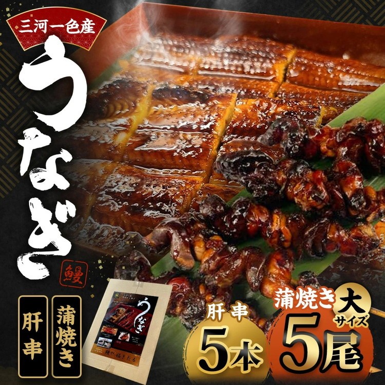 
                  三河一色産 うなぎ蒲焼き 大5尾 ＋ 肝串焼き 5本 蒲焼タレ 肝串焼き 鰻 お魚 湯煎 惣菜 セット 簡単調理 冷凍 幸田町 送料無料
                
