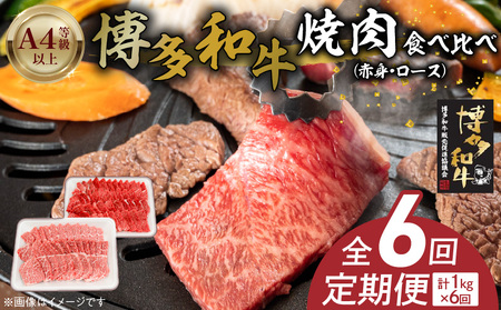 博多和牛赤身・ロース焼肉食べ比べ　計1kg　6回定期便_博多和牛 赤身 ロース 焼肉 食べ比べ 6回 定期便 黒毛和牛 国産 九州産 福岡県産 国産牛 ブランド牛 牛肉 和牛 肉 お肉 溢れる 旨味 凝縮 サシ 甘味 至福の時 赤身肉 ロース肉 冷凍 バーベキュー お取り寄せ グルメ 福岡県 久留米市 送料無料_Tk054