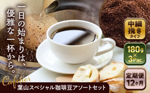 【全12回定期便】【コーヒー粉 中細挽き】葉山スペシャル珈琲豆アソートセット 3パック入り ／ 珈琲 こーひー コーヒー コーヒー豆 詰め合わせ 神奈川県 特産品 コーヒー ブラジル インドネシア コロンビア エチオピア【Cafetier】 [ASAD024]