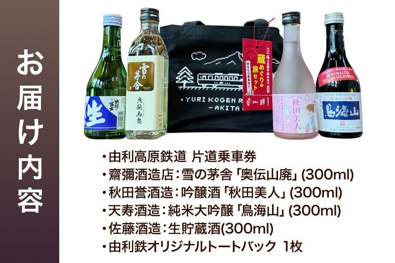 由利高原鉄道 日本酒 蔵めぐりの旅セット 300ml×4本 (片道乗車券 ゆりてつトートバッグ付き）純米大吟醸 入り