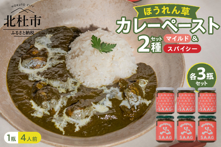 マイルドほうれん草カレーペースト3瓶＆スパイシーほうれん草カレーペースト3瓶の6瓶セット カレー ペースト 24人前 マイルドほうれん草 スパイシーほうれん草 6個 2種 セット 保存着色料 無使用 瓶詰 持ち運び アウトドア 仕送りギフト 山梨県 北杜市