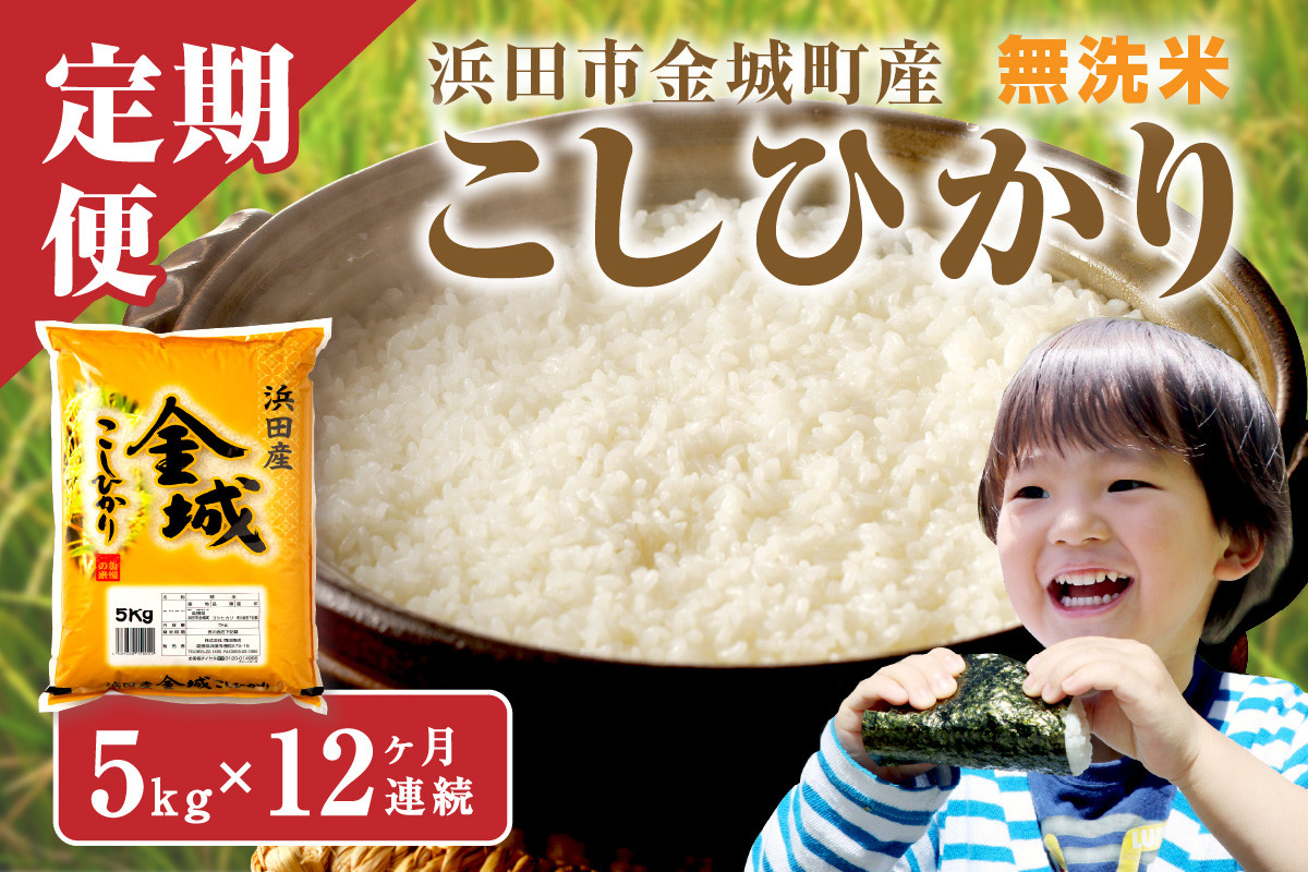 
【令和6年産】【定期便】無洗米 浜田市金城町産こしひかり ５kg×１２回コース 定期便 12回 定期便 お取り寄せ 特産 特産品 お米 精米 白米 玄米 ごはん ご飯 一等米 こしひかり コシヒカリ 【1267】
