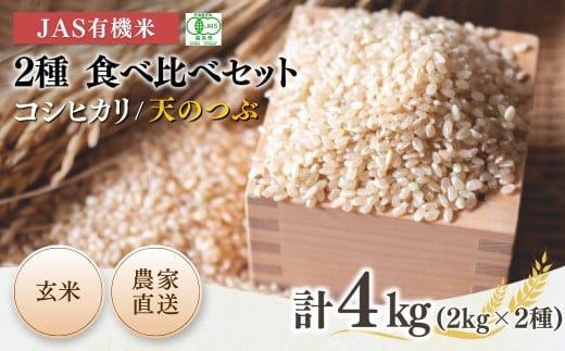 JAS有機米 コシヒカリ 天のつぶ 食べ比べセット 玄米 4kg (2kg×2種) 令和7年産 新米 | 有機米 米 コメ 福島県産 根本有機農園
