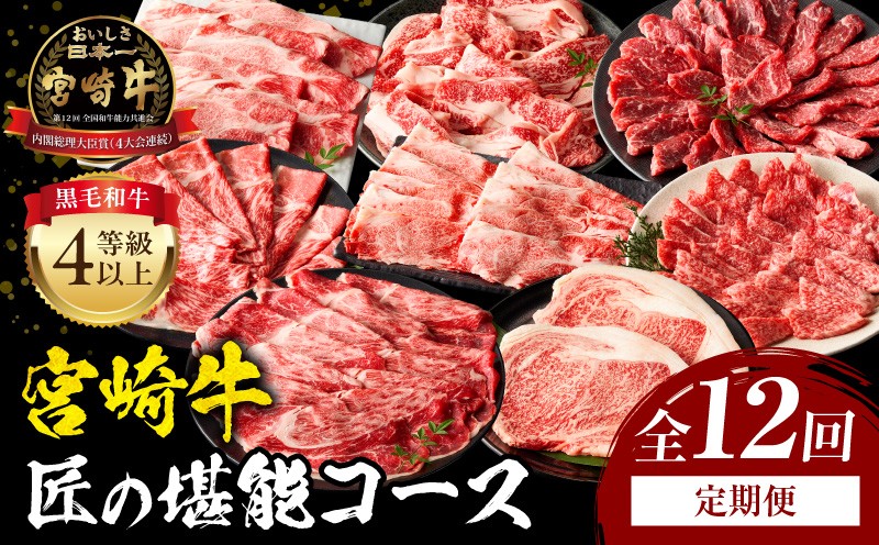
                  【定期便全12回】宮崎牛 匠の堪能コース｜定期 定期便 12回 毎月 宮崎牛 切り落とし 赤身 しゃぶしゃぶ用 しゃぶしゃぶ ロース ロース肉 カルビ 焼肉 焼肉用 ステーキ ステーキ用 ロースステーキ カルビ焼肉 スライス ローススライス すき焼き用 すき焼き 国産牛 食べ比べ セット 料理 アレンジ 焼肉 炒め物 BBQ パック 冷凍 人気 おすすめ 宮崎県 宮崎市 宮崎｜_M243-T010
                