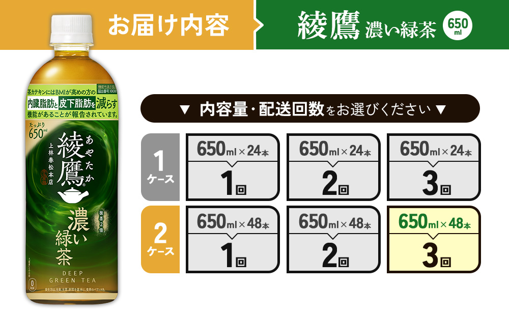 （3回定期便）綾鷹 濃い緑茶 650ml PET【コカ・コーラ】ペットボトル 2ケース(48本) 定期便 3回(144本) セット お茶 緑茶 抹茶 日本茶 茶葉 カテキン 内臓脂肪 皮下脂肪 健康 機能性表示食品 宮崎県 えびの市 送料無料