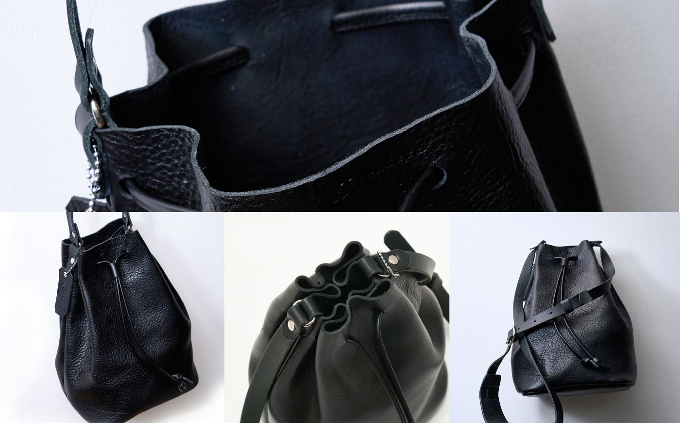 巾着ショルダーバッグM(ブラック) / レザー ショルダー ショルダーバッグ BAG bag バック バッグ 革 ギフト 巾着 きんちゃく / 諫早市 / 伊東製靴店 [AHCN019]