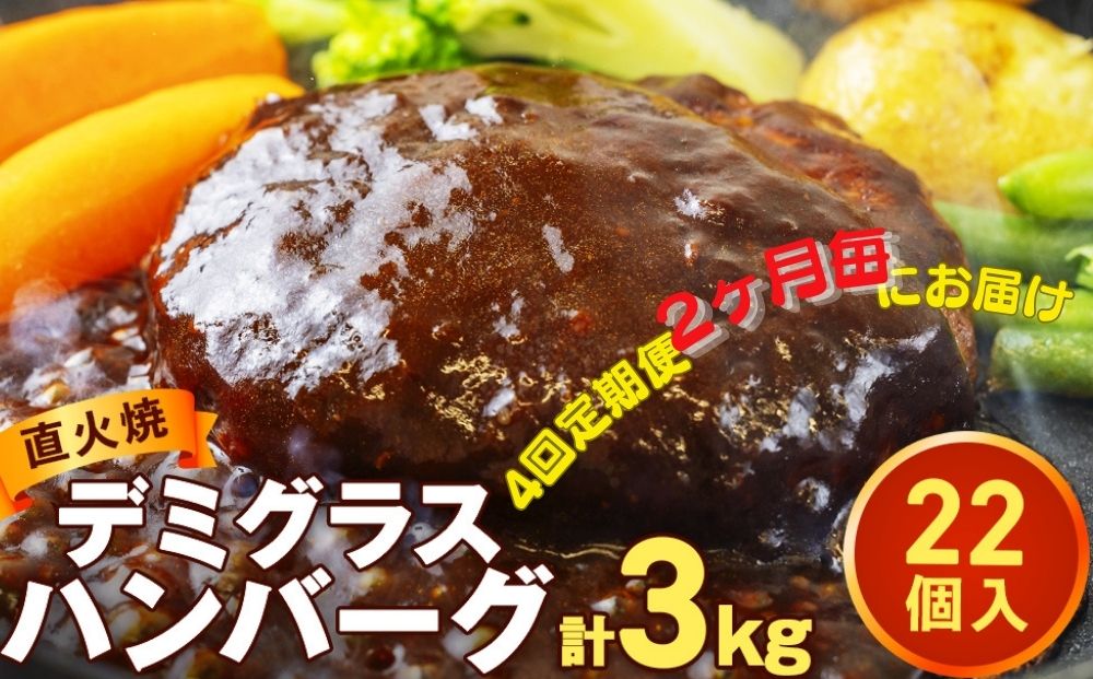 【４回 定期便】直火焼ハンバーグ デミグラスソース 22個セット（計3kg超え）