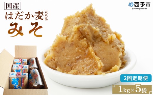 ＜国産 はだか麦 100％ みそ 5kg（1kg×5袋）2回定期便＞ 定期便 味噌 天然醸造 伝統製法 こうじ蓋 麹蓋製法 麦麹 自然発酵 手作業 長期熟成 国産麦 麦味噌 麦みそ 発酵食品 だるまや 愛媛県 西予市【常温】『お申込み月の翌月より配送を開始します』