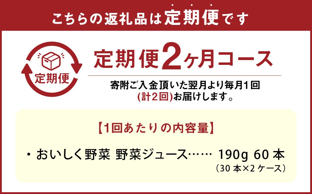 【2ヶ月定期便】 おいしく野菜 2ケース（190g×60本）×2回 計120本