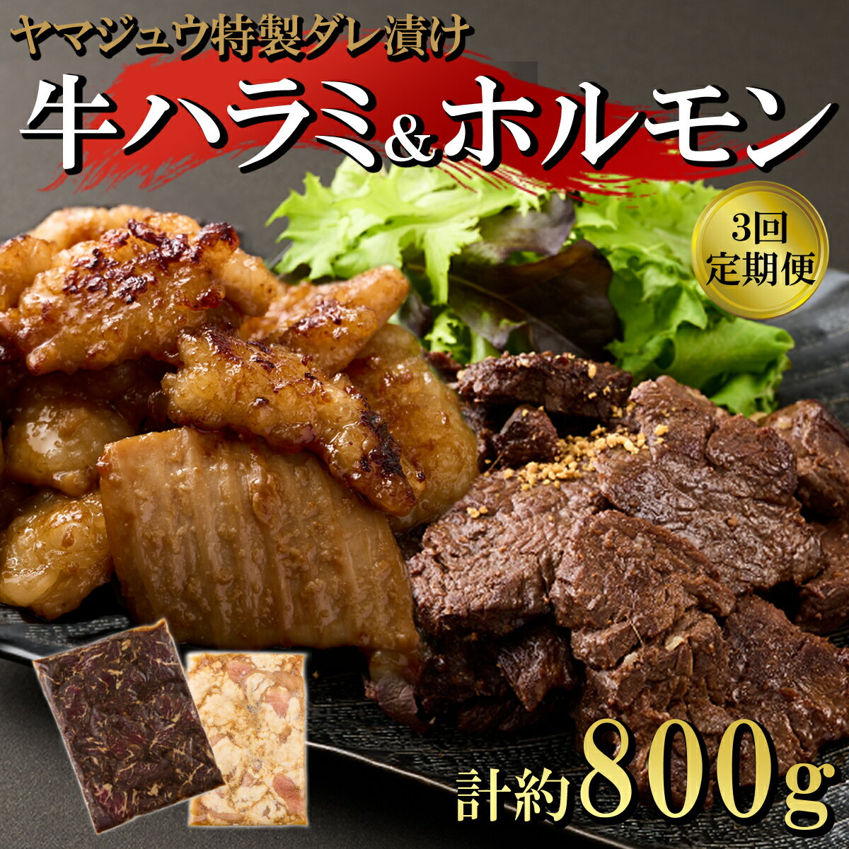 【ふるさと納税】 ヤマジュウの特選タレ漬け！牛ハラミ肉＆国産牛ホルモン計800g【3回定期便】 牛 焼肉 ハラミ ホルモン 味付き 国産 定期便 送料無料 yj086