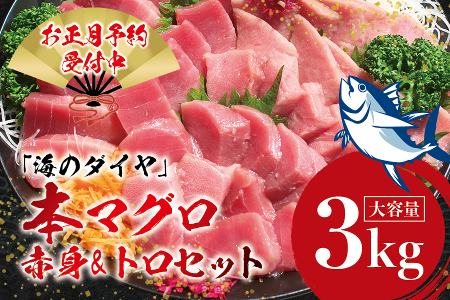 【お正月予約12月25日～29日に発送】本マグロ（養殖）トロ＆赤身セット 3kg 高級 クロマグロ 中トロ 中とろ まぐろ マグロ 鮪 刺身 赤身 柵 本マグロ 本鮪 年内配送 年内発送 お正月 正月【nks112B-sg】