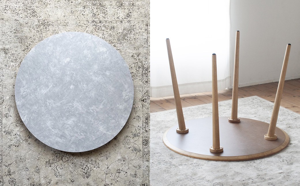 モルタル調メラミン材のラウンドダイニング （70cm） 木部オーク色