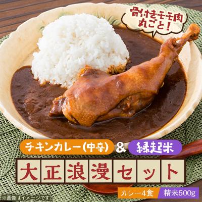ふるさと納税 岡崎市 【六ツ美のあの肉カレー&amp;萬歳】国産おやどり骨付きモモ1本入りカレー&amp;復古米/大正浪漫セット(中辛)