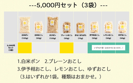 米菓子 自家製ポン菓子 5000円（3袋） セット 愛媛 新居浜の米農家が作る昔なつかしい味 グルテンフリー おやつ 白米 玄米 柑橘フレーバー【百姓屋.藤田】