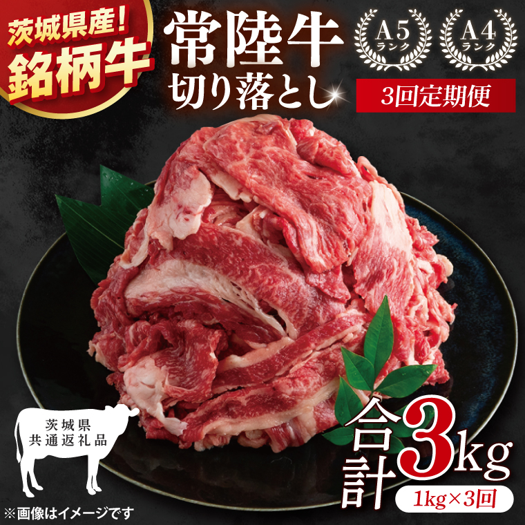 【茨城県共通返礼品】【3ヶ月定期便】常陸牛切り落とし 1kg（500g×2）【黒毛和牛 国産 銘柄牛 牛肉 肉 冷凍 茨城県産】(81-16)